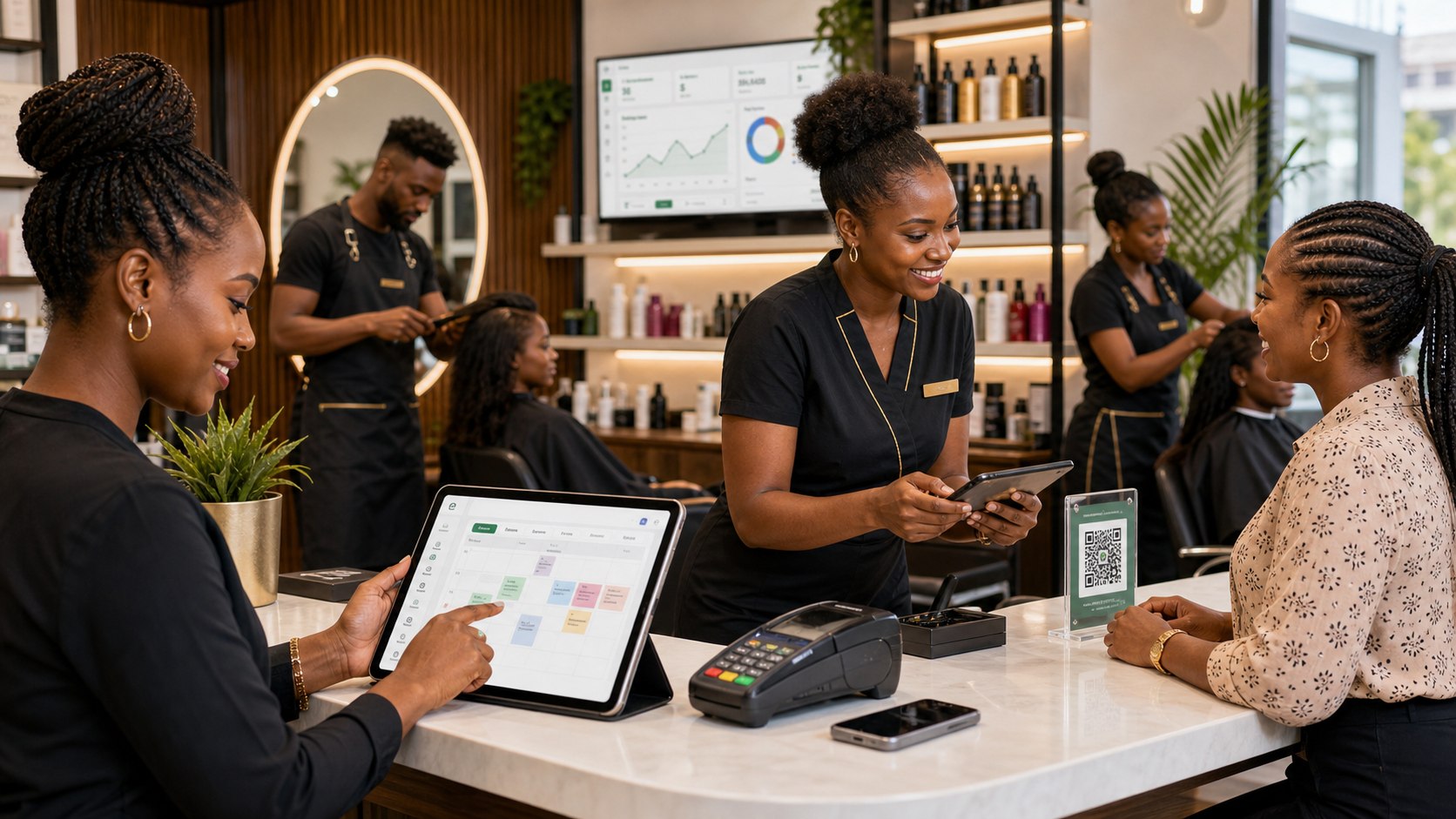 African salon team managing bookings and customer flow