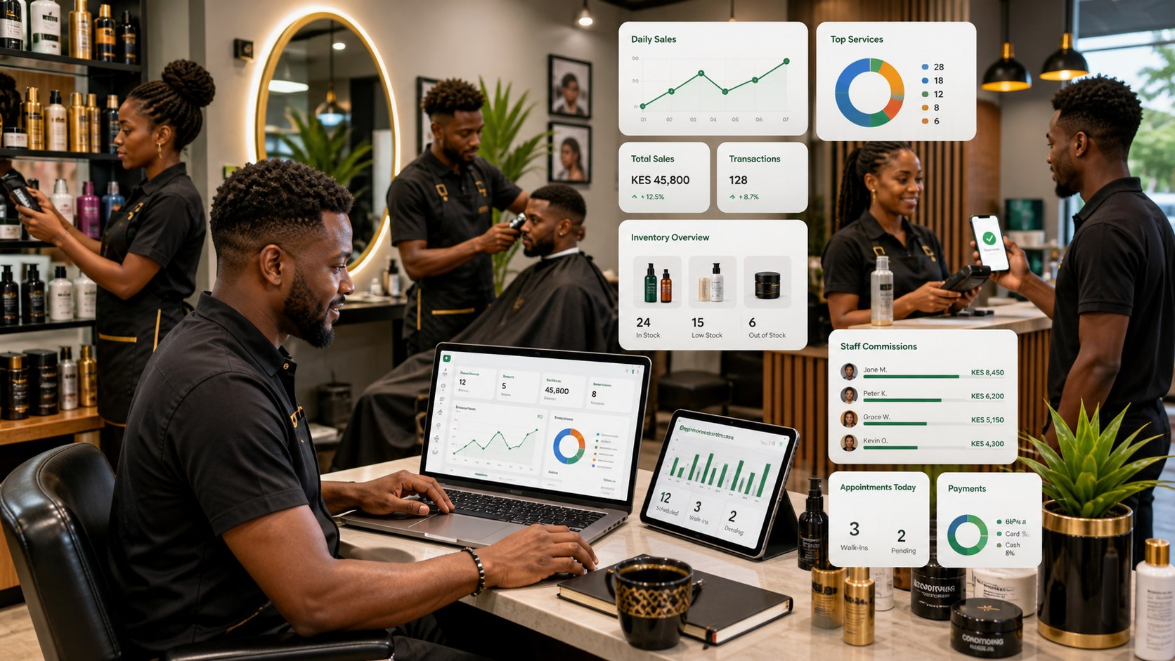 African salon owner reviewing PRIM reports and pricing value