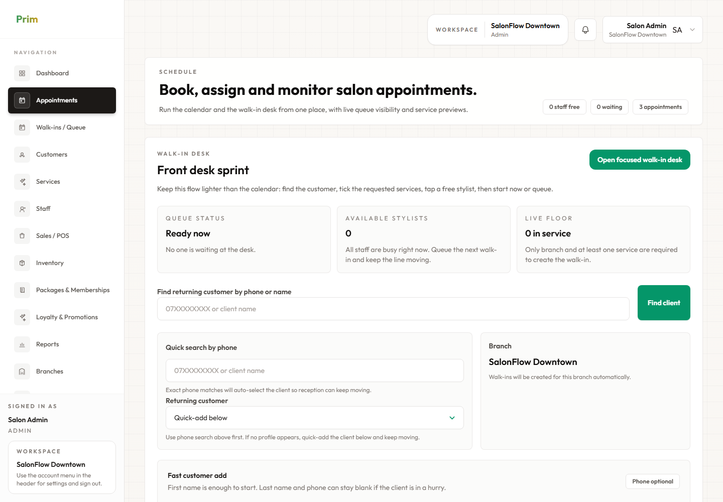 PRIM Booking calendar screen