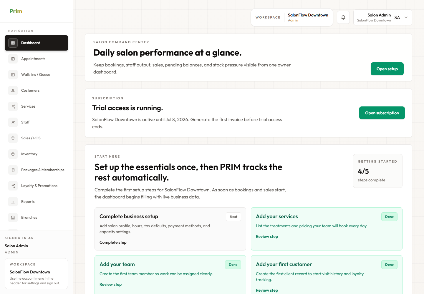 PRIM Owner dashboard screen