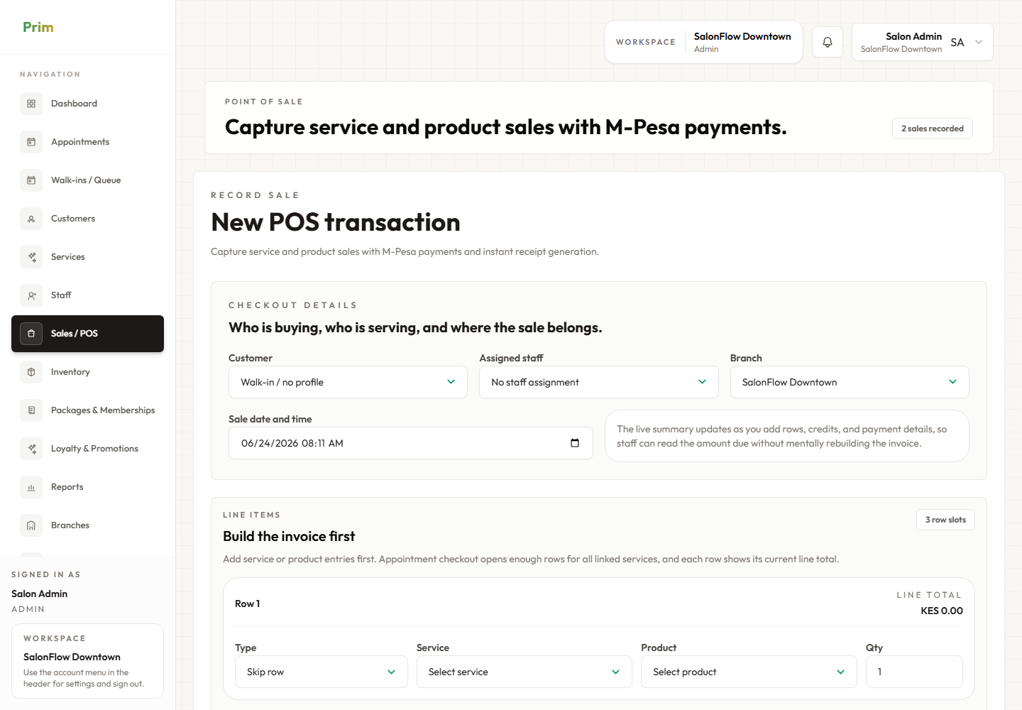 PRIM Checkout and M-Pesa screen