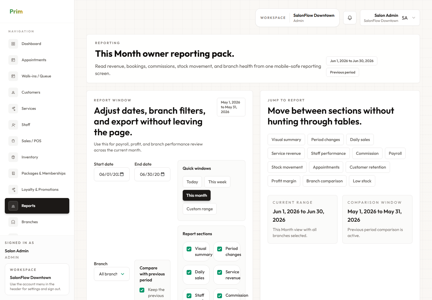 PRIM Reports and analytics screen