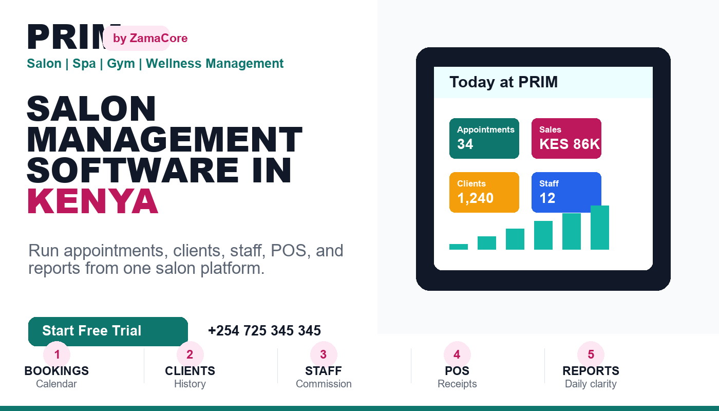 Salon Management Software in Kenya: PRIM Booking, POS, Staff, and Reports