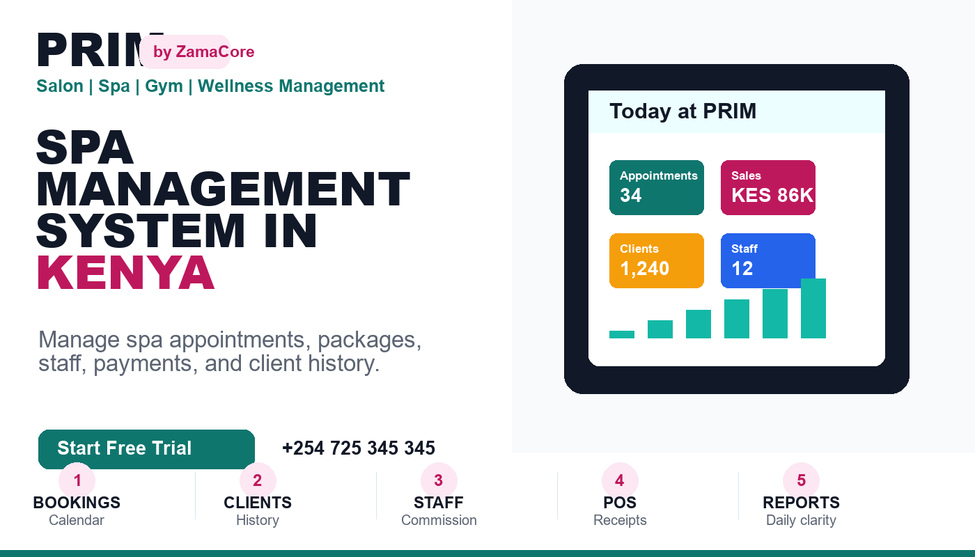 Spa Management System in Kenya: PRIM for Bookings, Packages, Clients, and Staff