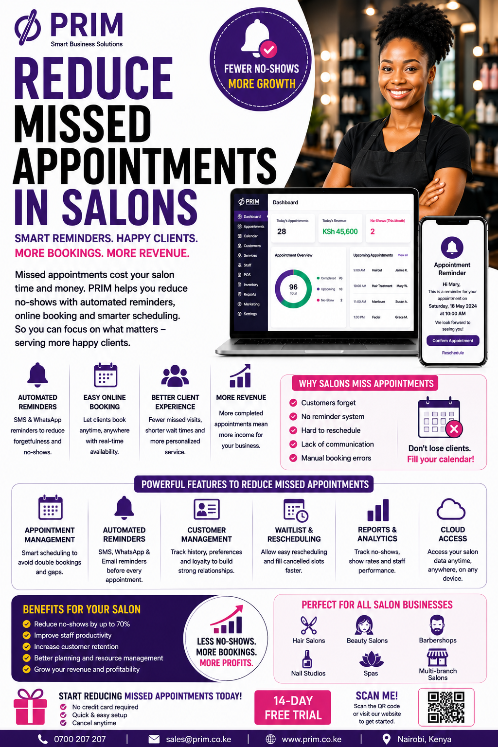 Features That Help Reduce Missed Appointments in Salons
PRIM supports salon operations through:
Appointment scheduling
Automated reminders
Customer management
Calendar organization
Reporting tools
Cloud accessibility
Operational visibility
Reduce Missed Appointments in Salons