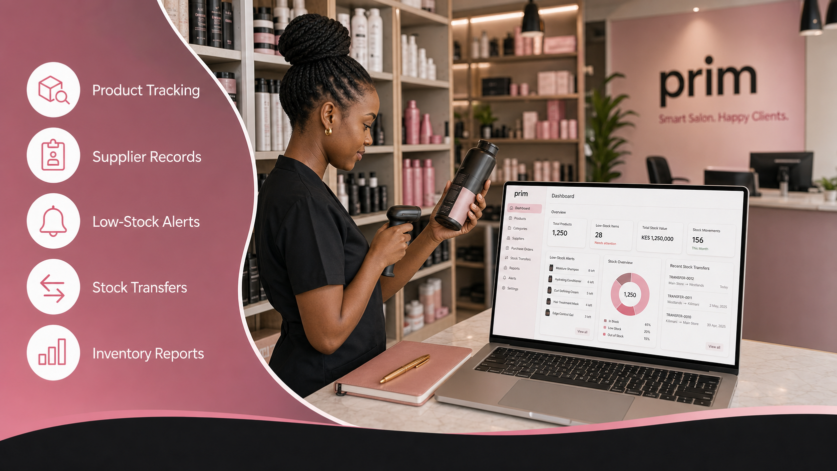 Salon inventory management software by PRIM for products, suppliers and low-stock alerts